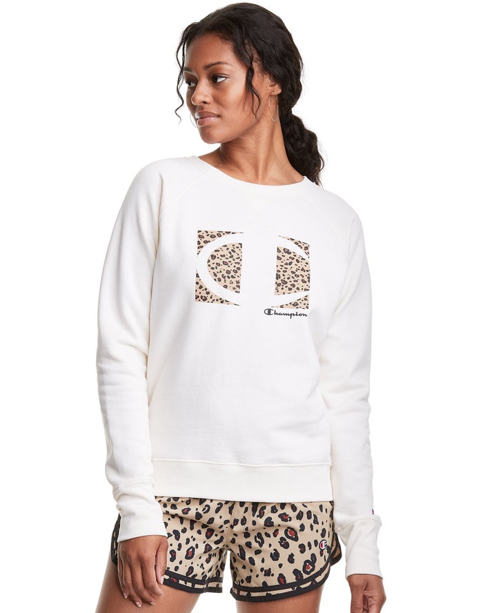 Hanorac Champion Powerblend Fleece Crew Leopard Colorblock Logo Dama Albi - Romania HTZIMQA-46